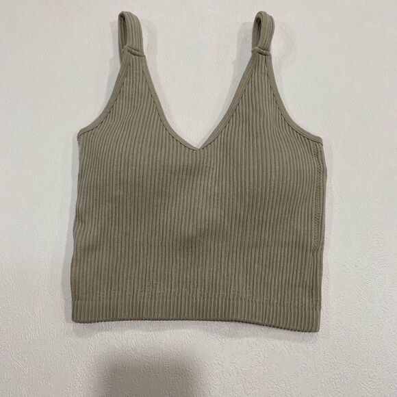 Wishlist Ribbed Knit Crop Top S/M – Beige Neutral V-Neck Tank Cami - Picture 1 of 6